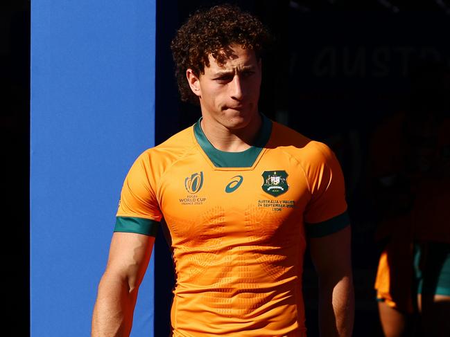 LYON, FRANCE - SEPTEMBER 23: Mark Nawaqanitawase of the Wallabies looks on during the Australia captain's run ahead of their Rugby World Cup France 2023 match against Wales at Parc Olympique on September 23, 2023 in Lyon, France. (Photo by Chris Hyde/Getty Images)