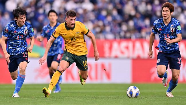 Ajdin Hrustic’s stunning free-kick ultimately wasn’t enough for Australia in the end. Picture: CHARLY TRIBALLEAU/AFP