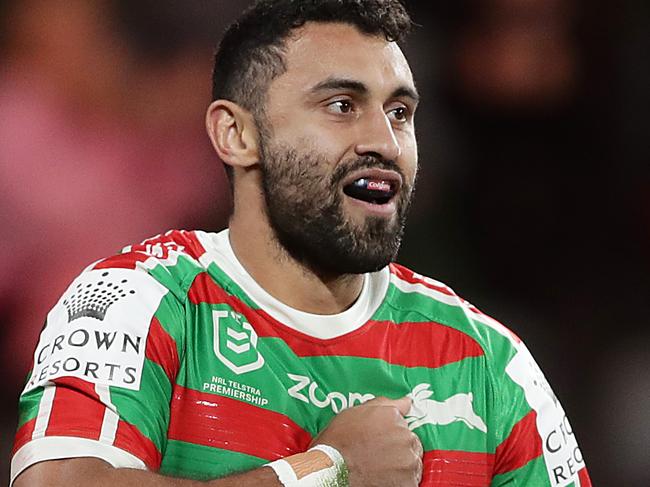 SYDNEY, AUSTRALIA - JULY 05: Alex Johnston of the Rabbitohs celebrates scoring a try during the round eight NRL match between the Canterbury Bulldogs and the South Sydney Rabbitohs at Bankwest Stadium on July 05, 2020 in Sydney, Australia. (Photo by Mark Metcalfe/Getty Images)