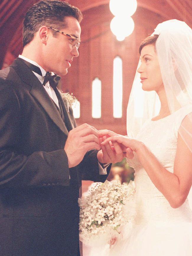 Dean Cain with Teri Hatcher in wedding scene from TV program Lois and Clark, the New Adventures of Superman.  Picture:  Supplied