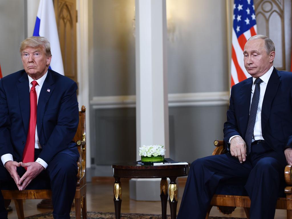 Russian President Vladimir Putin and US President Donald Trump attend a meeting in Helsinki. Picture: AFP