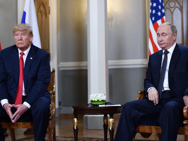 Russian President Vladimir Putin and US President Donald Trump attend a meeting in Helsinki. Picture: AFP