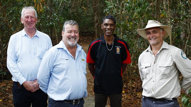 Wagners chairman Denis Wagner, Wagners site manager Mark Hackney, Wagners trainee plant operator Touche Gray and Department of Environment and Science shadow ranger Mel Tortike on the Wangetti Trail currently under construction at Palm Cove. Picture: Brendan Radke