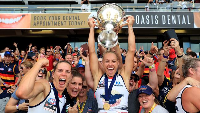 Chelsea Randall and Erin Phillips celebrate winning the Women's AFLW Grand Final between the Brisbane Lions and Adelaide Crows at Metricon Stadium on the Gold Coast. Pics Adam Head