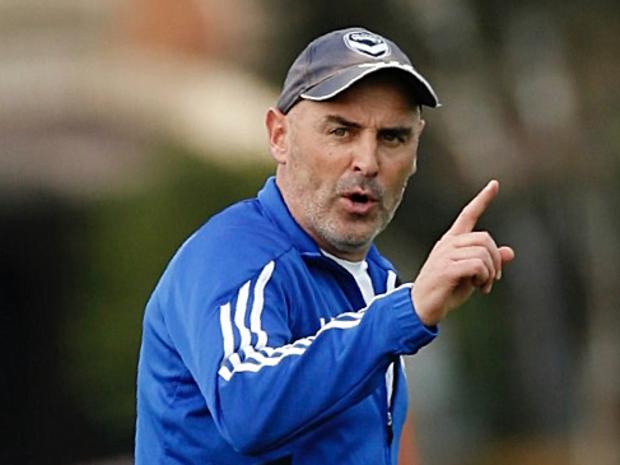 Melbourne Victory training at gosch's paddock. 12th of May , Melbourne Australia. Melbourne Victory coach Kevin Muscat during training. Picture : George Salpigtidis