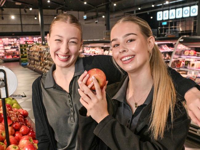 MARCH 17, 2024: Foodland front end supervisors Taylor Matiscsak and Amelia Cotgrave celebrate as their store Saints Road Foodland has been awarded IGA International Retailer of the Year - also known as World's Best Supermarket. Picture: Brenton Edwards