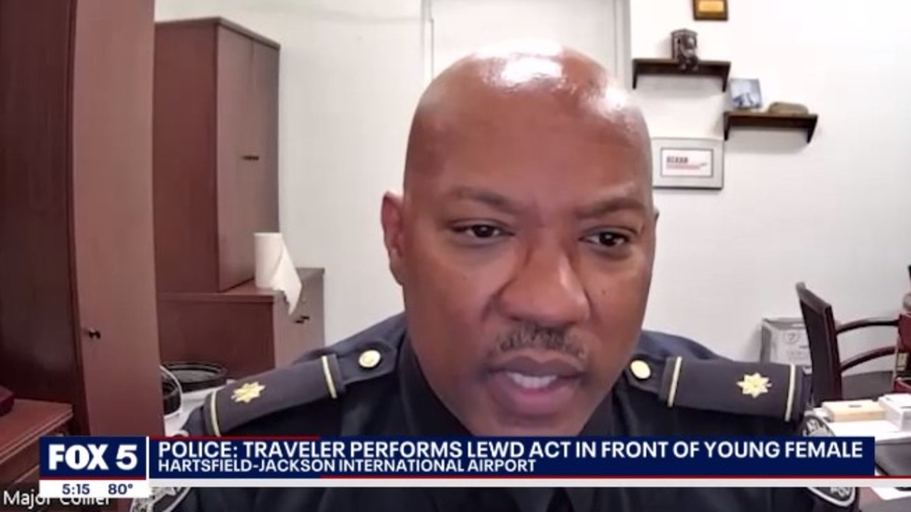 Major Kelley Collier said a woman had recorded the alleged lewd act and reported it to police. They then tracked his travels and arrested him when he arrived back in the city. Picture: City of Atlanta Police Department / FOX 5 Atlanta