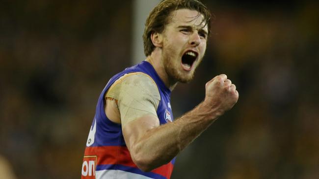 Jordan Roughead celebrates his huge third-quarter goal. Picture: Wayne Ludbey