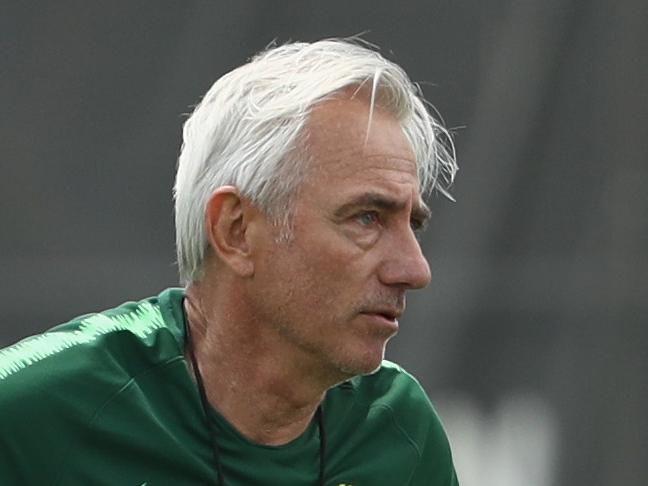 ANTALYA, TURKEY - MAY 25:  Australian head coach Bert van Marwijk speaks with Trent Sainsbury during the Australian Socceroos Training Session at Gloria Football Club on May 25, 2018 in Antalya, Turkey.  (Photo by Robert Cianflone/Getty Images)