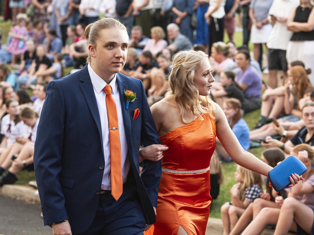 Graduate Lucy Hutchinson and partner Alex King arrive at Mary MacKillop Catholic College formal at Highfields Cultural Centre, Thursday, November 14, 2024. Picture: Kevin Farmer