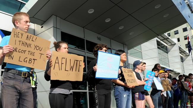 Protesters demonstrate outside AFL House at Docklands. Picture: Andrew Henshaw