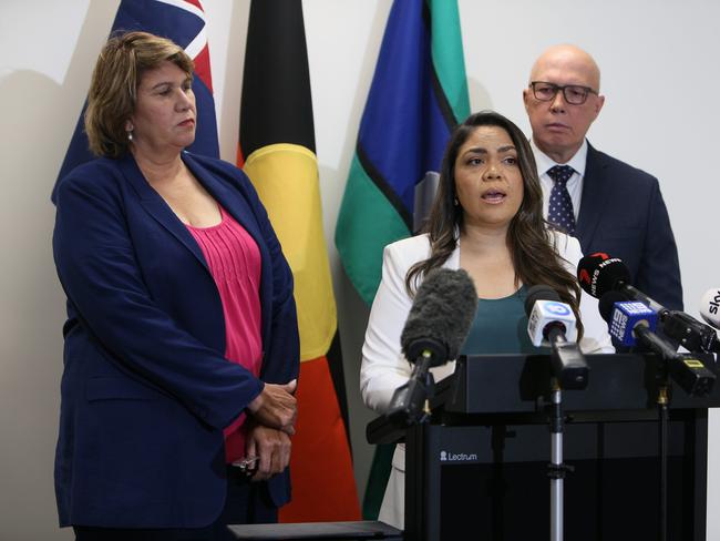 Senator Jacinta Price at a press conference. Picture: Emma Brasier