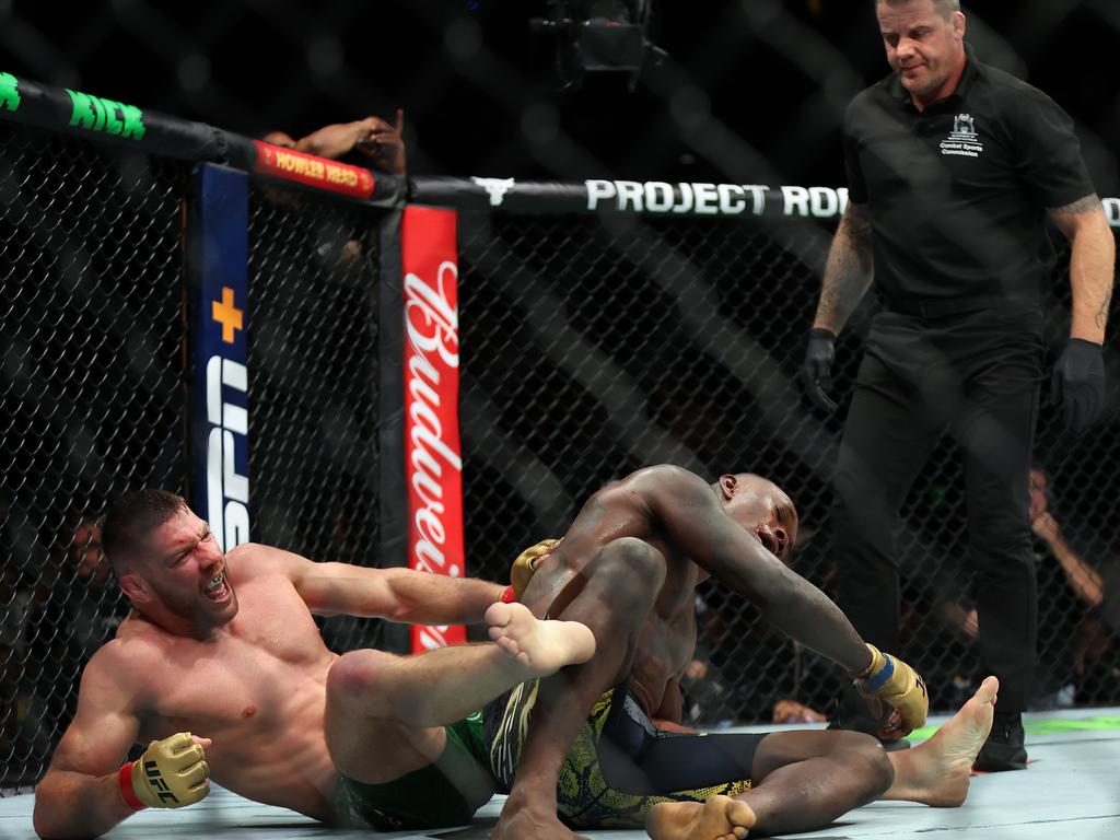 Dricus Du Plessis celebrates winning his fight against Israel Adesanya. Picture: Getty Images