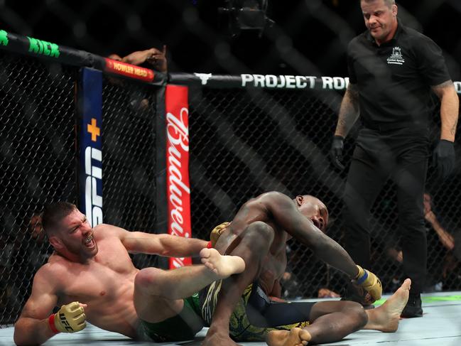 Dricus Du Plessis celebrates winning his fight against Israel Adesanya. Picture: Getty Images