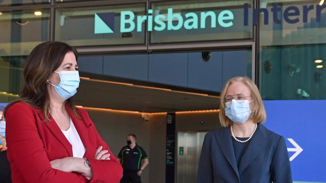 Queensland Premier Annastacia Palaszczuk and Dr Jeannette Young at the new Pinkenba Vaccination Centre, Brisbane International Cruise Terminal. Picture: NCA NewsWire / John Gass