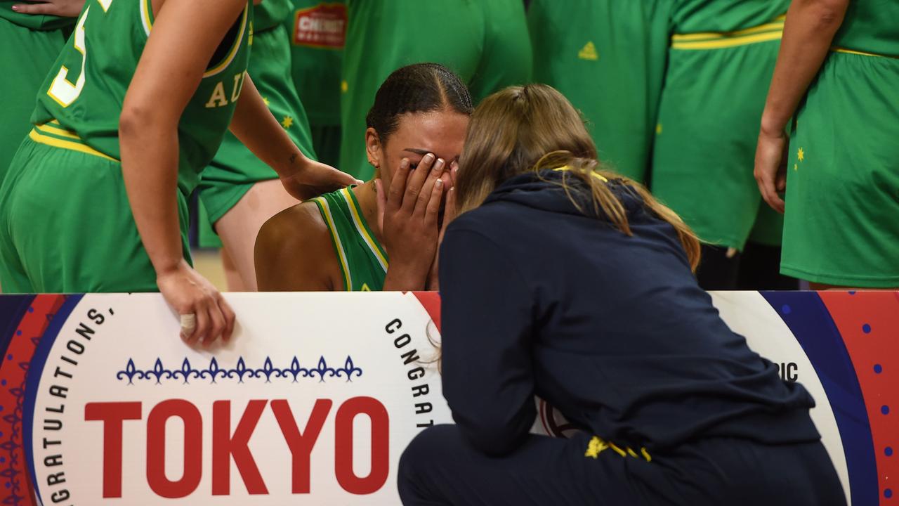 Liz Cambage in tears after the Opals qualified for the Tokyo Olympics.