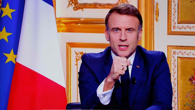 French President Emmanuel Macron addresses the nation during a televised broadcast from the presidential Elysee Palace. Picture: Ludovic Marin / AFP