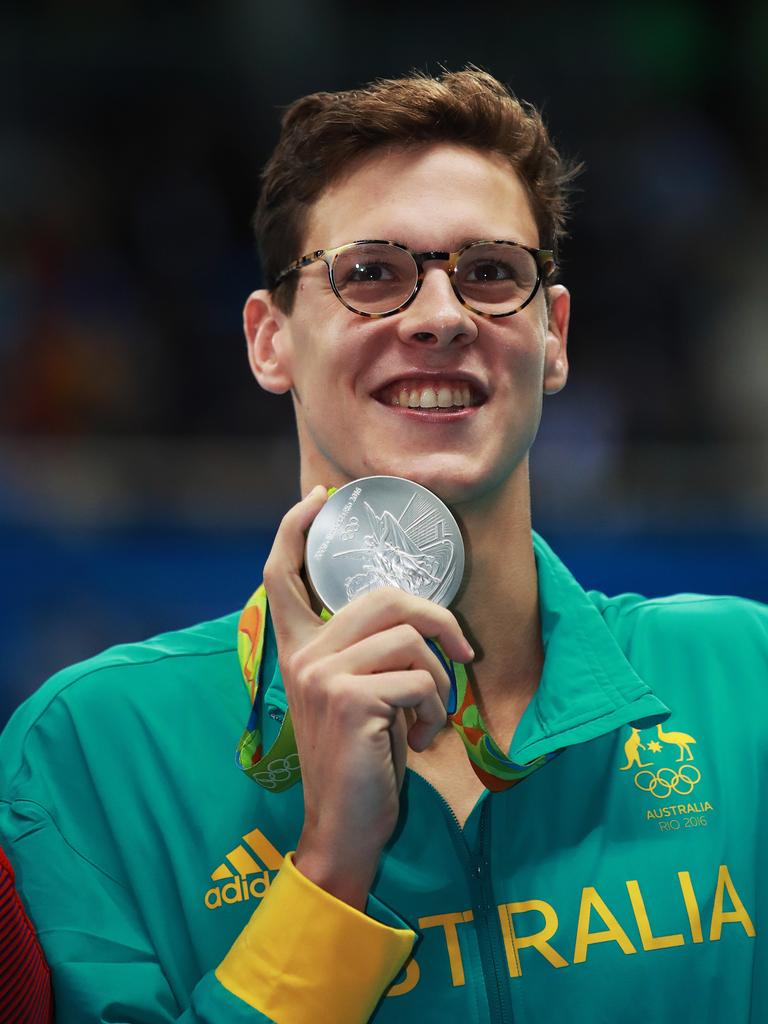 Australia's Mitch Larkin with his silver medal won in the Men's 200m Backstroke Final on day six of the swimming at the Rio 2016 Olympic Games. Picture: Phil Hillyard