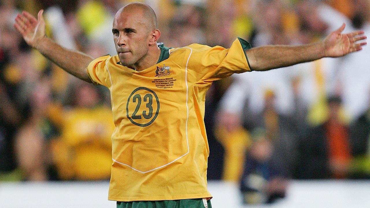 Mark Bresciano celebrates scoring against Uruguay in a World Cup qualifier.