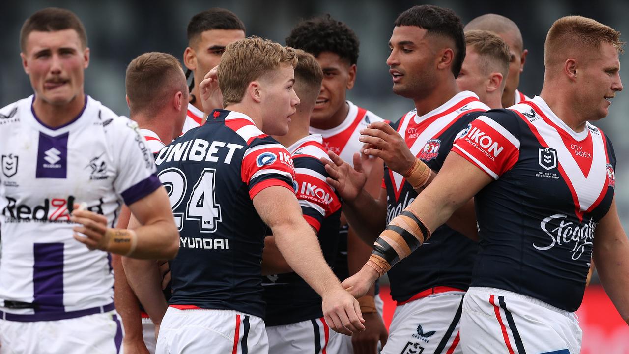 Tyler Moriarty of Roosters celebrates a try. Picture: Kelly Defina/Getty Images