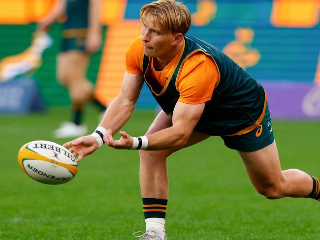 PERTH, AUSTRALIA - AUGUST 17: Tate McDermott of the Wallabies warm's up during The Rugby Championship match between Australia Wallabies and South Africa Springboks at Optus Stadium on August 17, 2024 in Perth, Australia. (Photo by James Worsfold/Getty Images)