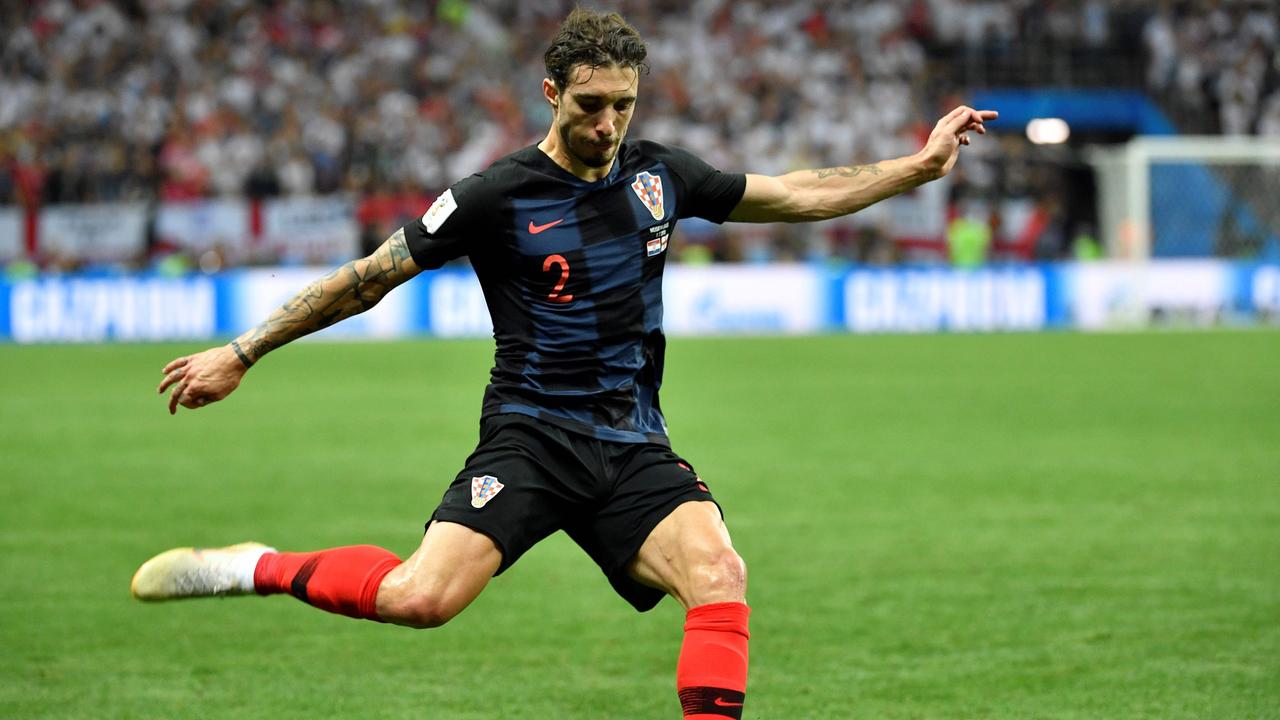 Croatia's defender Sime Vrsaljko kicks the ball during the semi-final