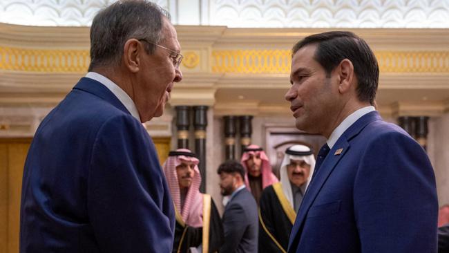 US Secretary of State Marco Rubio (R) shakes hands with Russian Foreign Minister Sergei Lavrov during their meeting at Diriyah Palace, in Riyadh. Picture: AFP.