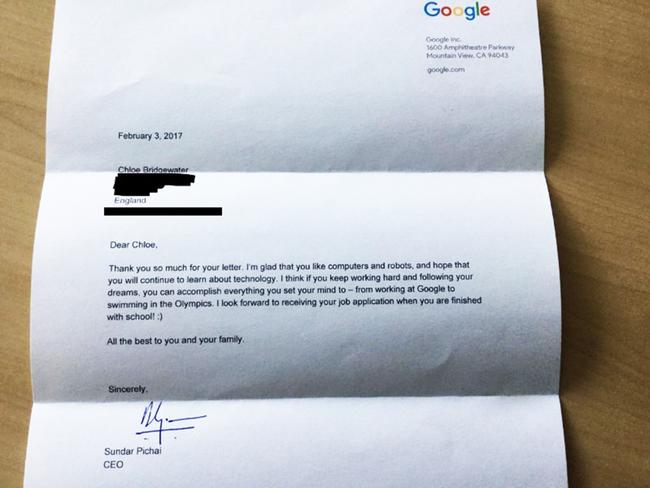 7 year old Chloe Bridgewater wrote a letter to Google and got a response from their CEP. Picture: Supplied