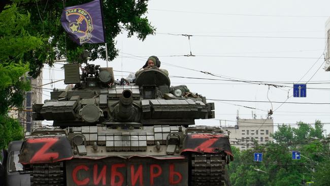 Members of the Wagner group on a tank in Rostov-on-Don. Picture: AFP.