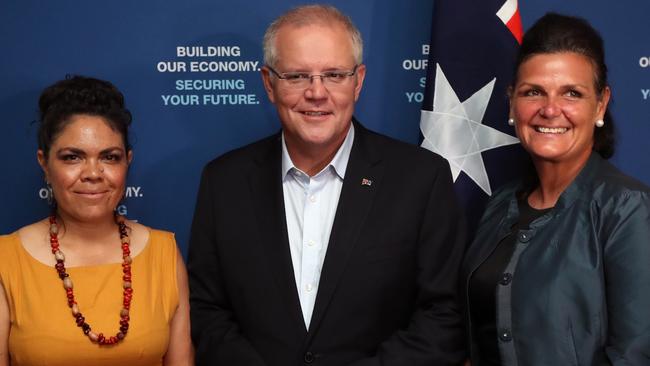 Prime Minister Scott Morrison with candidate for Solomon Kathy Ganley, right, and Jacinta Price, candidate for Lingiari. Picture Gary Ramage