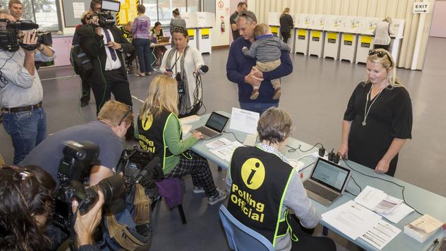 Giles casts his vote, but his party is expected to poll only four seats out of 25. Picture: Grenville Turner/AAP