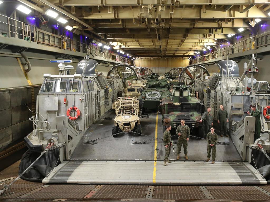 An LCAC hovercraft inside the ship. Photos on board the USS Wasp. Pic Peter Wallis