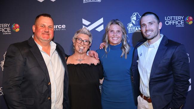 Tim Mcintyre, Carmen Taplim, Karryn Murphy and Aaron Booth at the Gold Coast Titans NRLW 2025 Season Launch at Isoletto The Star Gold Coast. Picture, Portia Large.