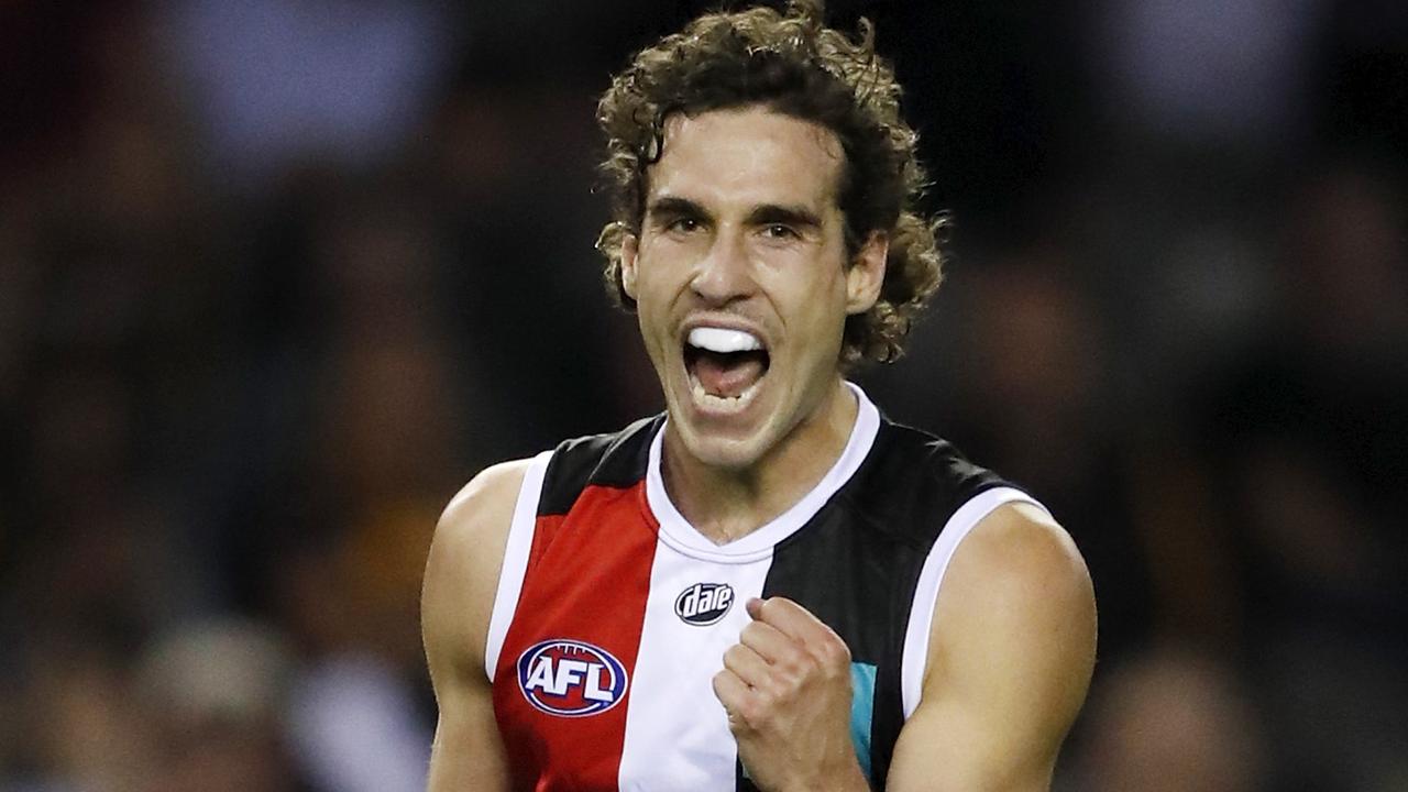 MELBOURNE, AUSTRALIA - MAY 01: Max King of the Saints celebrates a goal during the 2021 AFL Round 07 match between the St Kilda Saints and the Hawthorn Hawks at Marvel Stadium on May 01, 2021 in Melbourne, Australia. (Photo by Dylan Burns/AFL Photos via Getty Images)