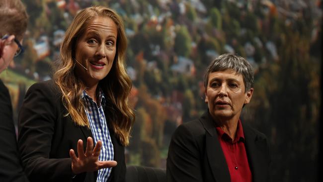 Energy Transition panellists Jacqui Gidley-Baird (left) advocates for farmers over HumeLink at the 2023 Bush Summit Picture: Jonathan Ng