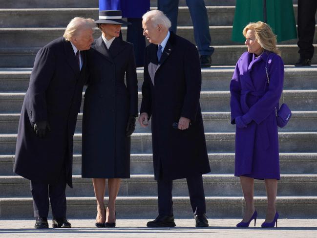 I beg your pardon … President Donald Trump, First Lady Melania Trump, outgoing US President Joe Biden and outgoing First Lady Dr. Jill Biden participate in the departure ceremony for the Bidens at the Capitol on January 20, 2025.