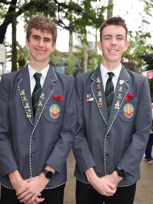 David Webb and Mitch Noble at the Surfers Paradise RSL Anzac Day noon service 2025 at Cavill Park for Gold Coast at Large. Picture, Portia Large.