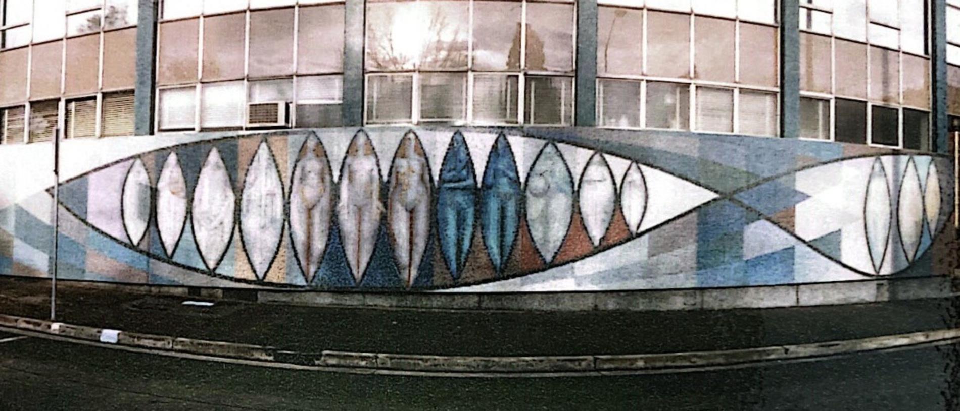 The mosaic mural created by George Davis in 1961 on the then ABC building on Sandy Bay Road.