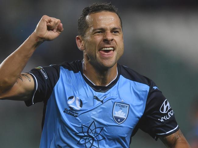 Bobo of Sydney celebrates scoring a goal during the Hyundai A-League round 7 football match between Sydney FC and the Newcastle Jets at Allianz Stadium in Sydney, Saturday, November 18, 2017. (AAP Image/David Moir) NO ARCHIVING, EDITORIAL USE ONLY
