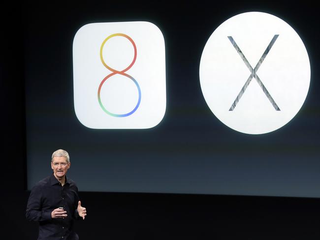 New operations ... Apple CEO Tim Cook discusses the new Mac operating system, OS X Yosemite. Picture: AP Photo/Marcio Jose Sanchez