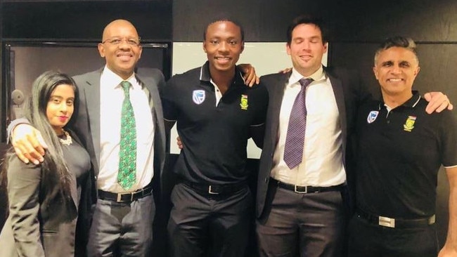 L to R: Kerusha Pillay (junior advocate), Dali Mpofu (SC), Kagiso Rabada, Matt Kemp (CSA lawyer), Dr Mohammed Moosajee. Picture: Twitter.