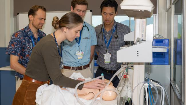 Medical students Lachlan Joyce, Nathan Kendal, Matt Mo and Grace Gough at the JCU Clinical School onsite at the Cairns Hospital Picture: Emily Barker.