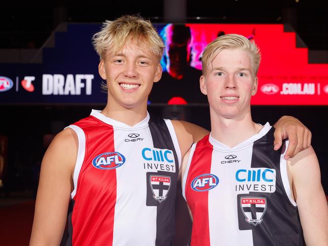 St Kilda draft picks Alixzander Tauru and Tobie Travaglia after being drafted by St Kilda. Picture: Dylan Burns/AFL Photos via Getty Images.