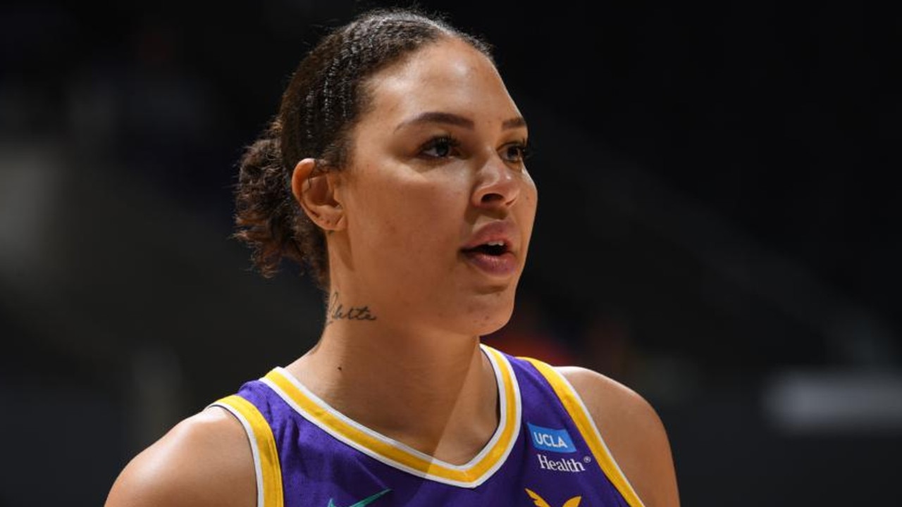 LOS ANGELES, CA - July 4: A closeup shot of Liz Cambage #1 of the Los Angeles Sparks during the game against the Phoenix Mercury on July 4, 2022 at Crypto.com Arena in Los Angeles, California. NOTE TO USER: User expressly acknowledges and agrees that, by downloading and/or using this Photograph, user is consenting to the terms and conditions of the Getty Images License Agreement. Mandatory Copyright Notice: Copyright 2022 NBAE (Photo by Juan Ocampo/NBAE via Getty Images)