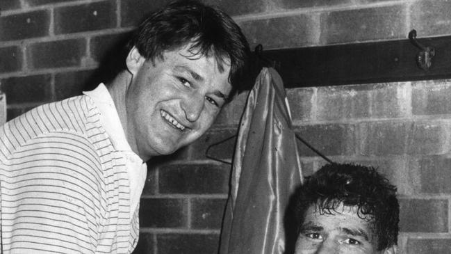 JUNE 5, 1988 : Newcastle coach Allan McMahon (L) congratulates captain Sam Stewart after game &amp; on hearing news that wife had given birth to a son following their Winfield Cup game against Cronulla at Newcastle, 05/06/88. Pic Robert McKell. Historical Rugby League