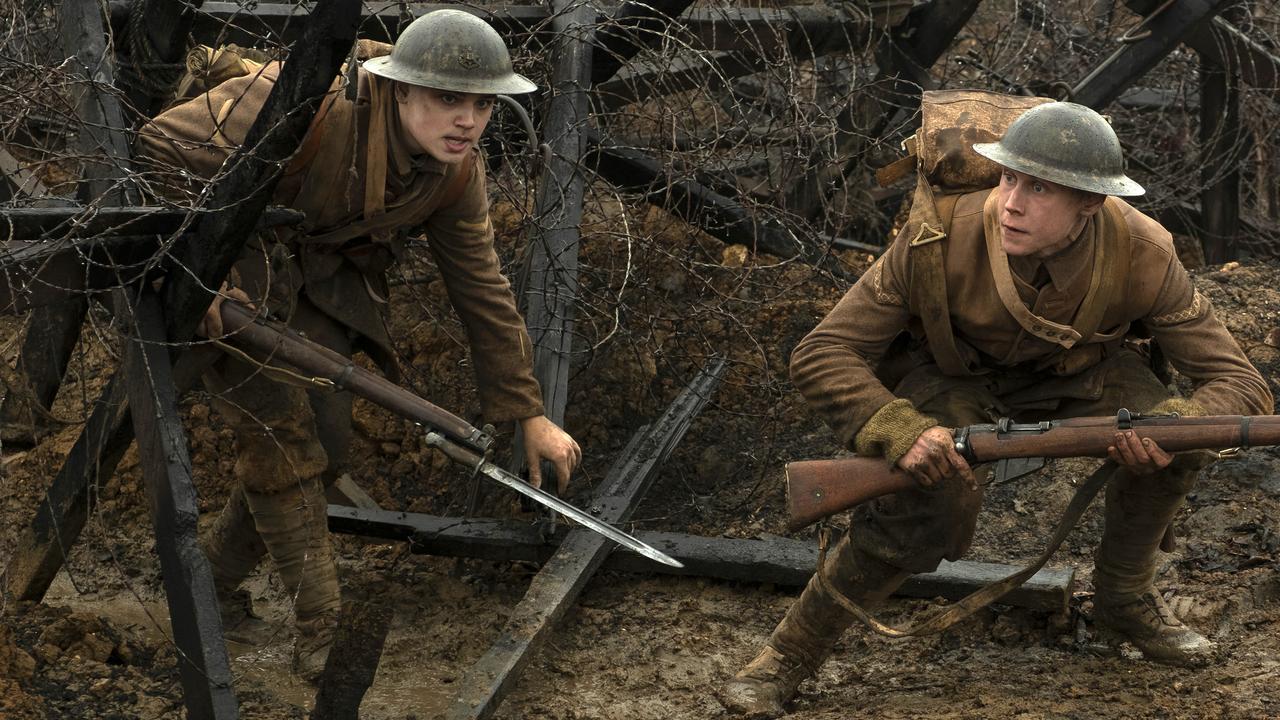 Dean-Charles Chapman and George MacKay’s characters at the start of the No Man’s Land sequence, a set that was constructed for the film. Picture: Francois Duhamel/Universal Pictures via AP