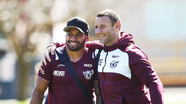 Api Koroisau and Blake Green during Manly training at NSW Institute of Sport, Narabeen. Picture. Phil Hillyard