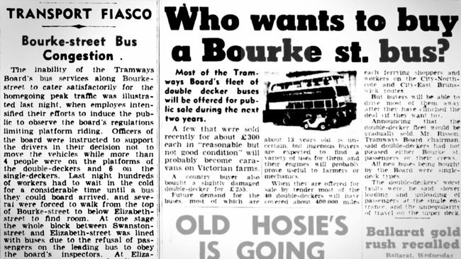 Mid 20th Century newspaper articles about the bus fiasco, and sell-off. Pictures: Trove