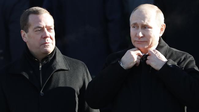 Vladimir Putin and Dmitry Medvedev are close political allies. Picture: EPA.