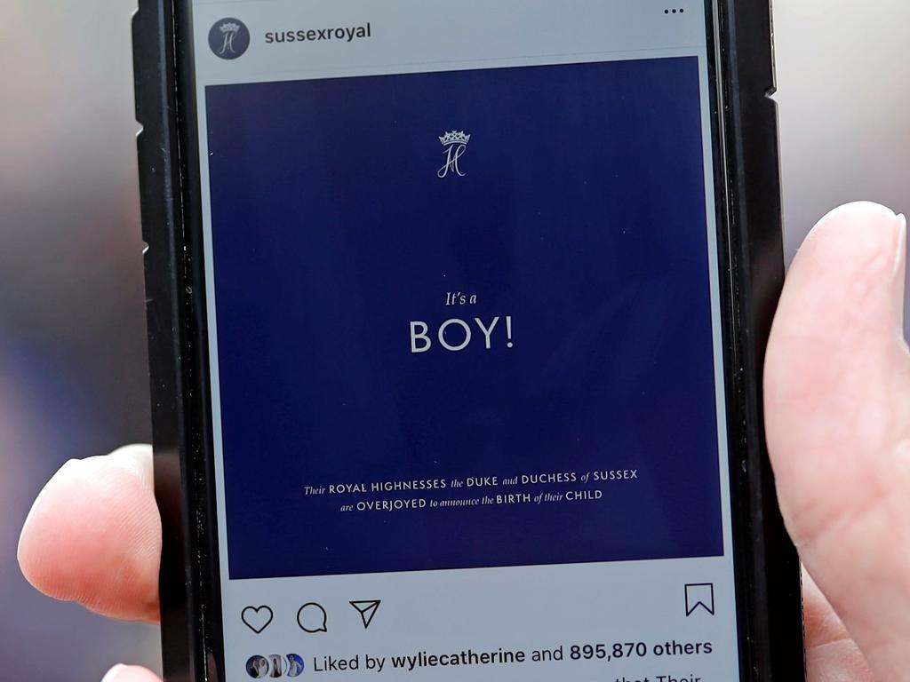 Harry and Meghan’s PR team announced the birth on Instagram some 50 minutes after the confusing palace press release. Picture: Tolga Akmen/AFP